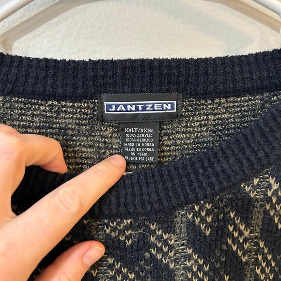 Jantzen Navy Blue Tan Pattern Long Sleeve Mens Crewneck Sweater Size XXL Tall - Picture 2 of 3